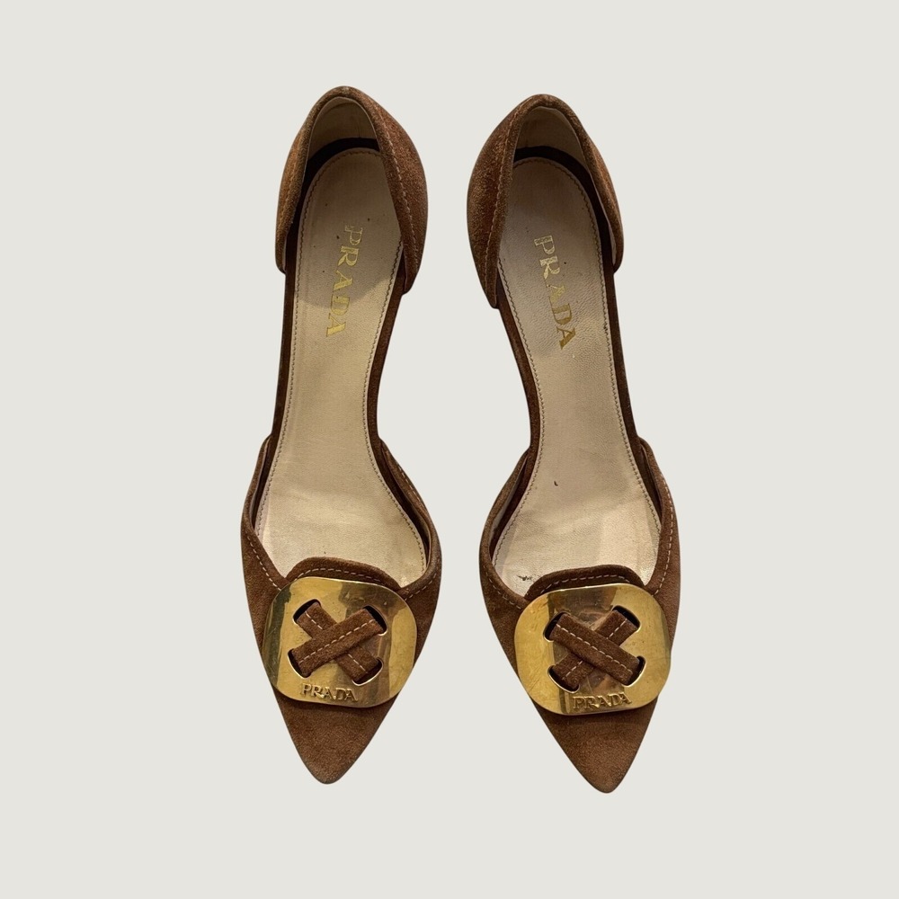 Authentic Prada Brown Suede Pumps 37.5 US 7.5 Pointed Toe Gold Buckle Heels VTG
